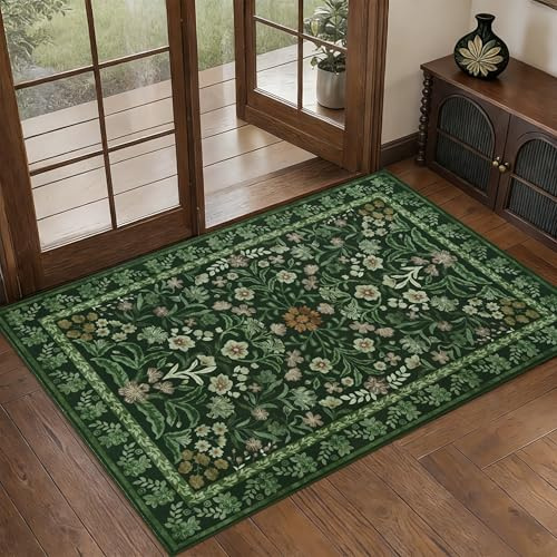 Edlbaegy Small Area Rug Washable 60x90cm Green Doormats Indoor Non-slip Floral Bedside Rug Boho Floor Mat for Entrance Living Room Bedroom Laundry Room