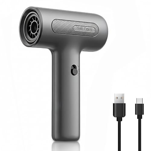 Yanmis Secador de Pelo Inalámbrico, Batería de 2000 MAh, Motor sin Escobillas de 500 W, Secador de Pelo Recargable por USB para un Secado Rápido de Pinturas o Pelos (GREY)