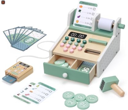 JIYANA Montessori - Cassa per bambini in legno, con contanti e lettore di carte. Accessori per la cassa, regalo per ragazze e ragazzi dai 3 4 5 anni, regalo per bambini di compleanno