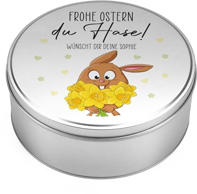 Herz & Heim® Personalisierte Vorratsdose aus Metall zu Ostern – Keksdose & Geschenkdose mit Wunschtext – Runde Blechdose mit Deckel als Ostergeschenk