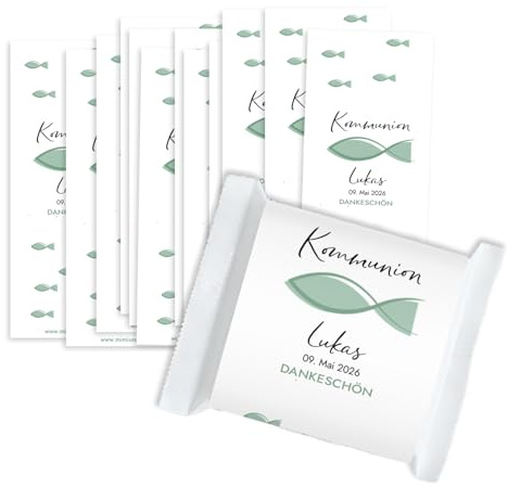 Mimi und Anton KOMMUNION Gastgeschenk BANDEROLE DANKESCHÖN | 12x Aufkleber | Personalisiert | Gastgeschenk Fisch (Mint)