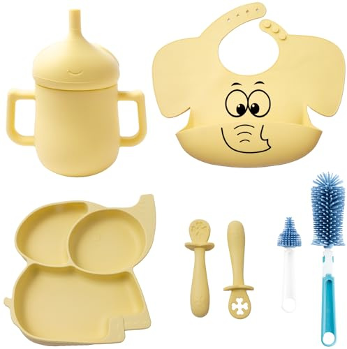 Vajilla de Silicona Bebé | Plato con Ventosa | Vaso de Aprendizaje Antiderrame | Cucharas para Aprendizaje BLW | Babero de Silicona Ajustables | Cepillos Limpia Biberones | 7 piezas | Diseño Elefante