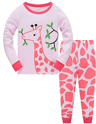 TEDD Girls Pyjamas Set Toddler Clothes 100% Cotton Sleepwear Animal Printed Pink Giraffe Nightwear Winter Long Sleeve, 04 Giraffe, 3-4 Years