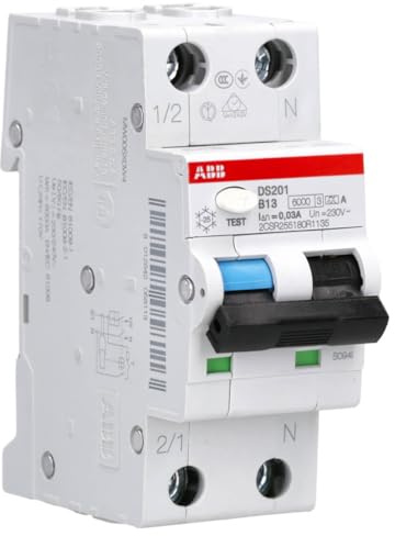 ABB DS201 B13 A30 FI/LS-Schalter RCBO 1P+N Typ A 13A 30mA 6kA | Kombinierter Fehlerstromschutz und Leitungsschutz, Charakteristik B für Licht- und Steckdosenstromkreise, Hutschiene