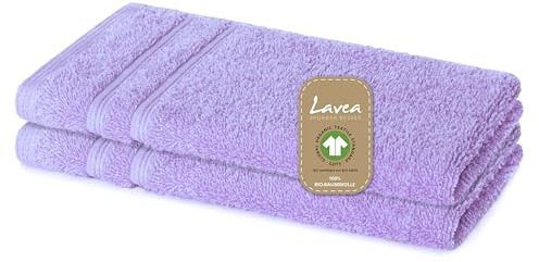 Lavea® 2er Set Gästetuch 30 x 50 cm, Bali Gästehandtücher klein aus Baumwolle, saugstarkes Handtuch für Bad und WC, Gästehandtuch-Set, 100% GOTS Bio-Baumwolle, Premium Frottier Handtücher, Flieder