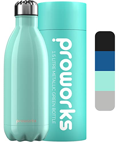 Proworks Stainless Steel 1.5l Water Bottle | Double Insulated Vacuum Flask for 12 Hours Hot & 24 Hours Cold Drinks - Great for Home, Work, Gym Camping & Travel - 1.5 Litre Bottle - BPA Free – Green