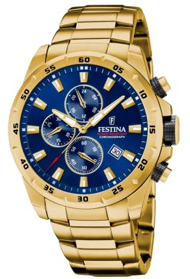 Festina Herren Uhr Analog aus Edelstahl 316L Goldfarben - Quarzwerk - Chronograph - Kalender - Mineralglas mit hoher Widerstandsfähigkeit - Wasserdicht bis 10 ATM F20541/2 Chrono Sport