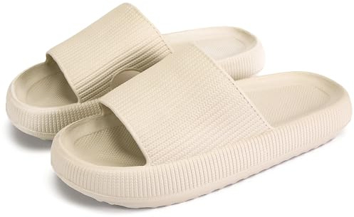 rosyclo Cloud Slides for Women and Men, Pillow House Slippers Super Soft Comfy Non-Slip Massage Bathroom Shower Shoes Cloud Cushion Slide Sandals for Indoor Outdoor, Tan Beige Nude