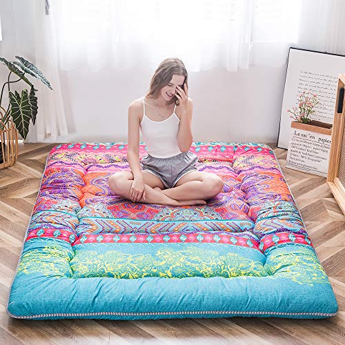 MAXYOYO Bohemisk futon/mattress i retrostil, japansk golvmatta med vintage-blommor, rullbar gästsäng, säng, bärbar campingsäng, tatami-matta (bohemisk B, 150 x 200 cm)