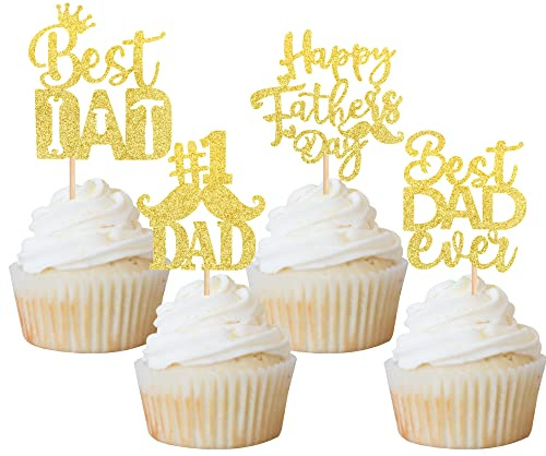 Xsstarmi 24 PCS Happy Father's Day Cupcake Toppers Glitter Best Dad Ever #1 Dad Cupcake Picks Tool Construction Cake Decorations for Happy Father's Day Birthday Party Supplies Gold