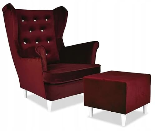 Family Meble Ohrensessel mit Hocker, Modell Diana, Skandinavisch, Relaxsessel aus Webstoff, Loungesessel, Ohrensessel mit Hocker, Bequemer Sessel, Für Wohnzimmer, Esszimmer, Schlafzimmer, Rotwein