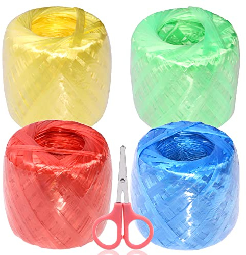 Tanstic 4 Rolls 4 Colors Polyester Nylon Plastic Rope Twine with Scissors, 35MM Width and 180M/590Ft Length Plastic Rope for Packing, Gardening(Green/Red/Yellow/Blue)