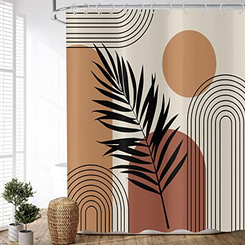 ASDCXZ Boho Style Duschvorhang 180x200 cm, Modern Abstrakt Kunst Blätter Kreisförmig Beige Bad Waschbar Duschvorhänge Polyester Textil Wasserdicht Duschvorhang für Badewanne mit 12 Haken