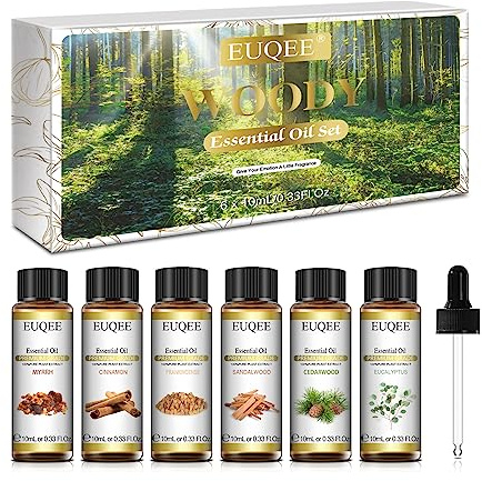 EUQEE 10ml Woody Essential Oils Set - Pure & Nature Essential Oils for Aromatherapy, Diffuser, Candle Making, Massage - Eucalyptus, Cedarwood, Sandalwood, Frankincense, Cinnamon