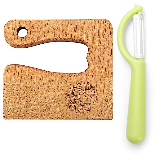 Goodchef Kindermesser Kinder-Küchenmesser-Set zum Schneiden und Kochen von Obst oder Gemüse für Kleinkinder, inklusive Holzmesser Schäler Messer ab 2 jahre(Dinosaurier)