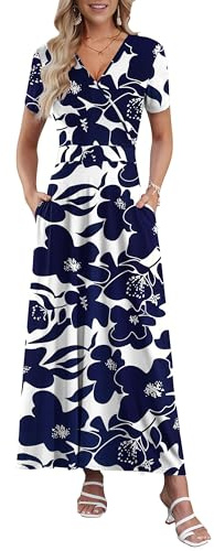 AUSELILY Maxi Dresses for Women Ankle Length Floral Print Beach Long Flowy Dress with Pockets White Navy Flower XL