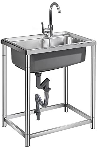 Freistehendes Spülbecken, kommerzielle Spüle, Einzelschüssel, Edelstahlspüle für Waschküche, Garage, Gewerbe, drinnen und draußen, mit Wasserhahn und Abfluss-Abtropfgestell, Küche, Restaurant. (Farbe: