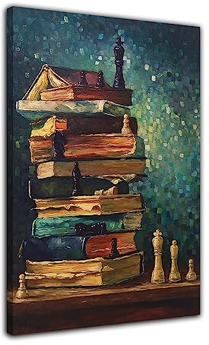 Vintage kreative Schach und Buch Ölgemälde Poster Wand Kunst Bild Druck Leinwand Malerei moderne Studie Büro Dekoration Poster (40x60cm-Gerahmt)
