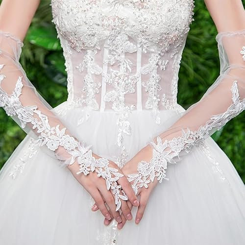 Fingerlose Spitzenhandschuhe für Damen,Hochzeit Braut Handschuhe Ellenbogen Lang Elegant Frauen Handschuhe Armstulpen Blumenspitze Brauthandschuhe Handstulpen für Fahren Hochzeit Oper Party-Weiße #3