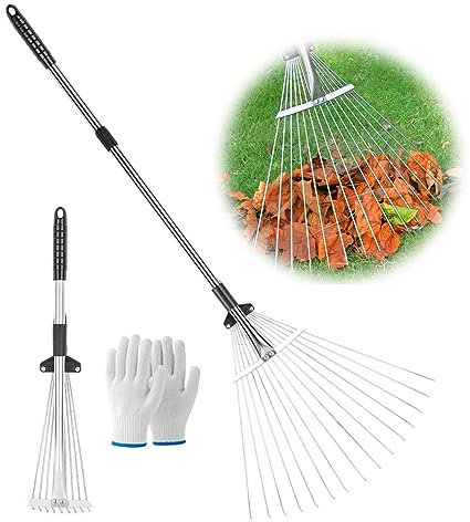 TRAGLO Telescopico rastrello in Metallo, Rastrello da Giardino, 160 cm di Lunghezza, 15 Denti Regolabili Rastrello per Foglie da Giardino per Una Rapida Pulizia di Prato e Cortile