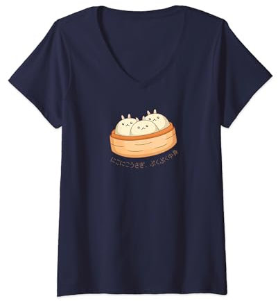 Womens Kawaii Bunny Buns in Traditional Bamboo Steamer,Japanese Pun V-Neck T-Shirt