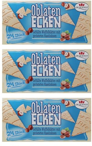 3er Pack Dr. Quendt Oblaten-Ecken Haselnuss (3 x 72 g) gefültte Waffel Waffelecken Oblatenwaffeln