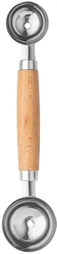 Double Melon Baller Wood Handle,Melon Baller Silver for fruit and veggie prep,Edges are sharp enough to scoop fruit but safe to touch,Soft, comfortable, non-slip handle, 9 In (Brown)
