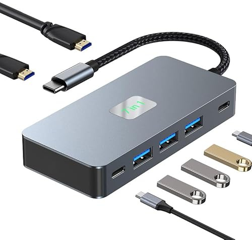 KUTEWEU Hub USB 3.0 con Doble HDMI, USB Hub con 7 Puertos, Ladron USB 3.0 Ultrafino de 1.5 m, Concentrador USB Compatible con Macbook Pro/Air, Surface Pro, PS4, PC, MacBook, DELL etc (7 in 1 HUB)