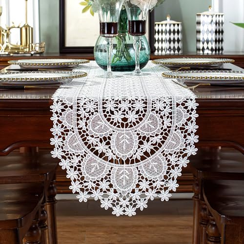 auons Weiße Spitze Oval Pfauenfedern Tischläufer Kommode Schal Häkeln Elegante Tisch Tischsets für Haus Bankett Hochzeit Festival Party Tisch Dekor, 30 x 90 cm