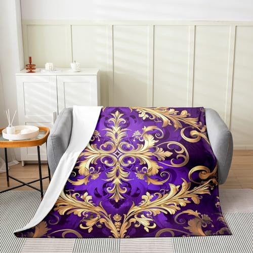 Erwachsene Lila Damast Decke, Böhmische Exotische Paisley Fleece Decke für Frauen, Goldene Lila Gothic Floral Fuzzy Decke 150x200(LxB), Antike Viktorianische Barock Wurf Decke Schlafzimmer Dekor