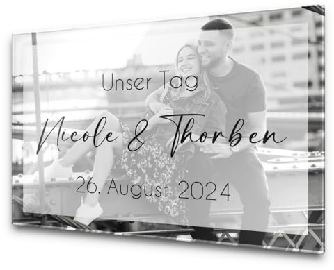 Personalisierte Foto Wandbild Tafel zur Hochzeit - Wandbild mit hübschen Designs passend zum Hochzeitstag - Acrylglas in Hochglanzoptik und farbigem UV-Druck - Größe ca. 60x40 cm