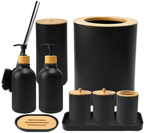 Bambus-Badezimmer-Zubehör-Set, 9-teilig, schwarz, Badezimmer-Zubehör-Set mit Mülleimer, WC-Bürste, Zahnbürstenhalter, Lotionspender, Seifenschale, Mundspülbecher, Qtip-Halter für Badezimmer
