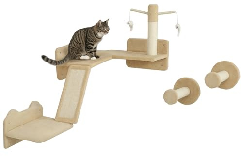 PawHut Kletterwand Katzen, 3-teilig Katzenkletterwand Set, Katzen Wandelemente mit Kratzbrett, Sprungplatten, Kratzstamm, Hängeball, Katzenwandmöbel Set für Klettern Spielen Schlafen bis 5 kg Beige