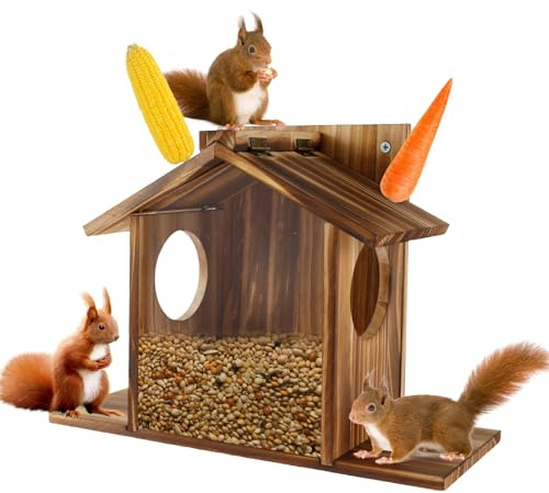 Mangiatoia in legno per scoiattoli, per giardino, 32,5 x 12,5 x 21 cm, capacità, stazione di alimentazione per scoiattoli, con tetto flessibile, stazione di alimentazione per scoiattoli per