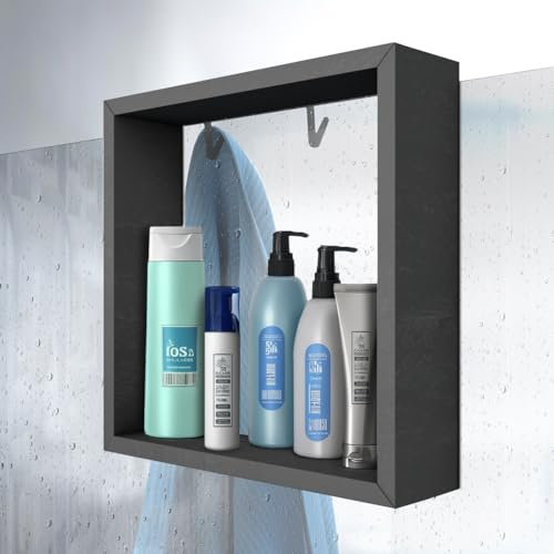 nobellgo Duschablage ohne Bohren, zum Hängen, Innovatives Rahmen Design, Kompatibel mit Allen Duschwänden, Duschregal für Shampoo und Duschgel, Haken für Handtücher, Schwarz
