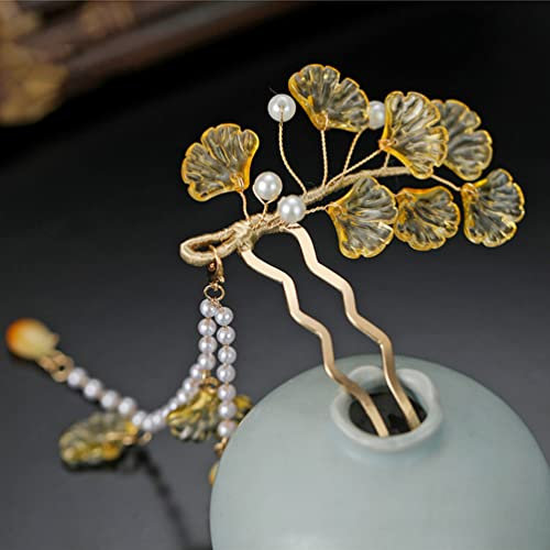 QXSJEDYCH Yellow Leaf Hair Sticks Forks Pearls Pendant Hair Pins and Clips for Women Chinese Hair Styling Jewelry As Show Schmuck
