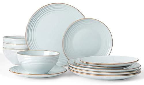 Richmount Jupiter Plates and Bowls Set, Reactive Glaze Dinner Set for 4, 12 Pieces Stoneware with Gold Rim, Scratch Resistant Dinnerware Service for 4, Microwave & Dishwasher Safe, Light Blue