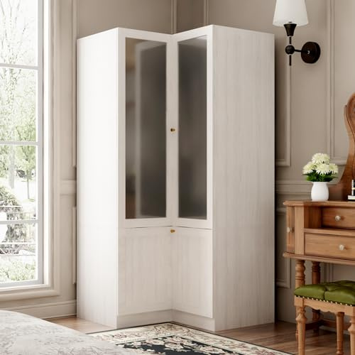 TAMUNE L-Shape Wardrobe Armoire Closet with Hanging Rod & Shelf, Bedroom Armoire with Frosted Glass Doors, Clothes Wardrobe with Gold Knob, Wood Grain, 35.4”D x 35.4”W x 70.9”H