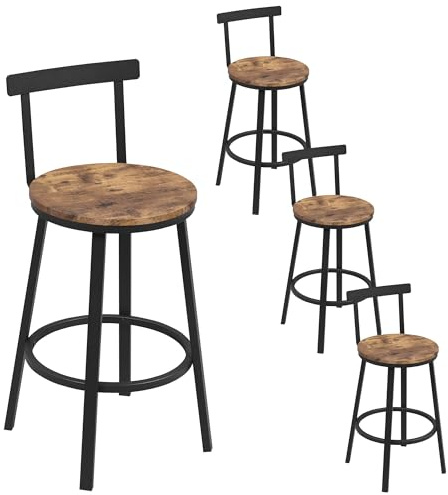 WOLTU Barhocker 4er Set, Barstuhl, Bar Hocker rund, Küchenhocker mit Lehne, Metallgestell, Fußstütze, Tresenhocker 150 kg belastbar, für Bar Kücheninsel Esszimmer, Rustikales Braun, BH430vbn-4