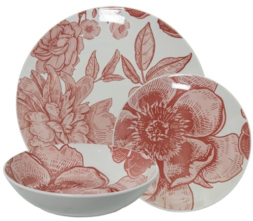 Service de table 18 pièces en porcelaine avec fleurs en rose 26 x 6 x 26 cm