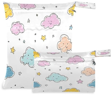 Waassud Kritzel Wolken und Sterne nass trockene Tasche wiederverwendbare nasse Taschen Organizer Windeltasche Organisation Taschen mit 2 Taschen mit Reißverschluss für Badeanzug Turnhallenge,