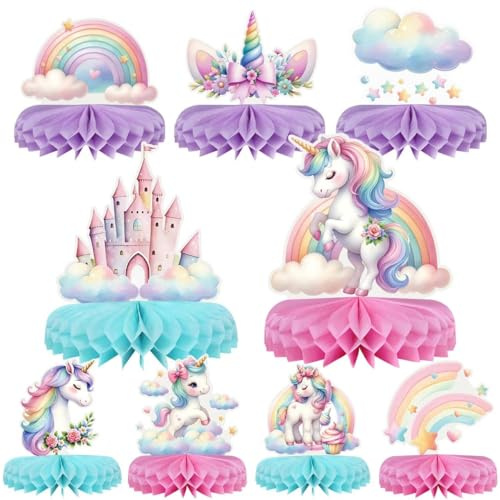 Heboland 9 Pack Unicorn Themed Honeycomb Centerpieces - Macaron Colour 3D Table Ornaments for Events & Party Decor - Professional Party Supplies for Desktop, Tabletop & Venue Decoration