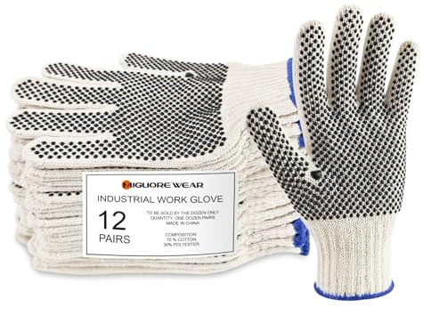 Migliore Wear 12 paia di guanti da lavoro con gommini antiscivolo per uomo e donna, guanti protettivi in cotone poliestere per industria, giardinaggio, costruzione, magazzino