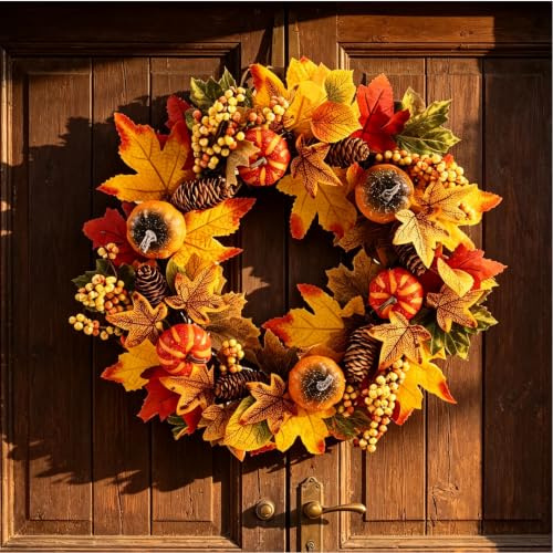 Autumn Wreath Front Door 50cm/20in, Thanksgiving Fall Wreath Artificial Wreath Garland for Harvest Festival, Halloween Decorations, Autumn Home Decoration