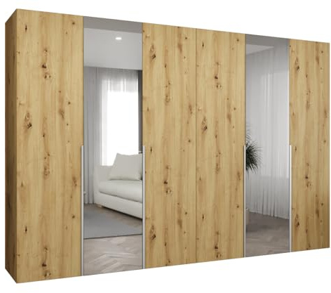 MEBLE KRYSPOL - Kleiderschrank mit Spiegel - Drehtürenschrank - Schrank 300 x 202 x 52 cm - Garderobenschrank Schlafzimmer, Flur, Jugendzimmer - Artisan Eiche, Griff Kaschmir - Alicante 2