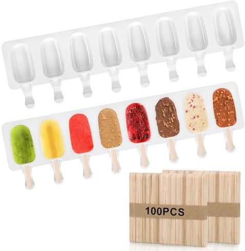 MICHIHOMIE 2Pcs Ice Lolly Moulds with Sticks, Non-Stick Silicone Popsicle Mould, DIY Ice Cream Moulds with 100 Wooden Sticks for Homemade Dessert, BPA-Free