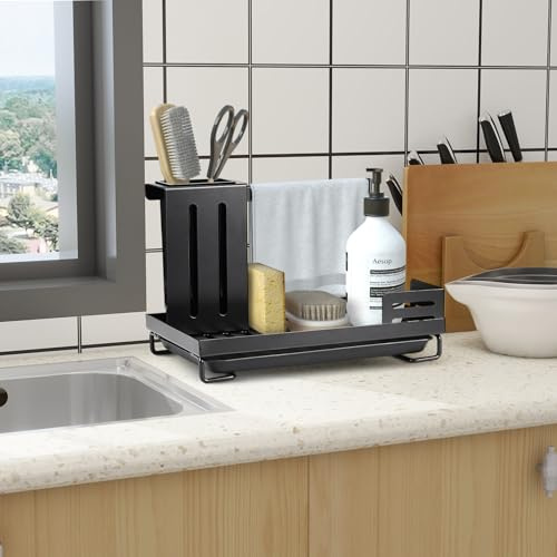 Organizzatore per lavello da cucina, colore nero, organizer per lavello da cucina, con asta e scolapiatti organizer, in acciaio inox, supporto per lavello, mensola da cucina, parete senza fori