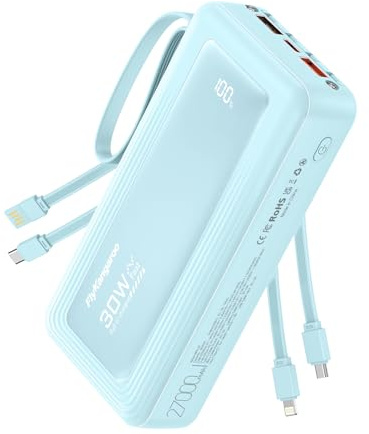 Batterie Externe, 30W 27000mAh Power Bank Charge Rapide avec Câbles Intégrés, Batterie Portable USB C Input & Output PD & QC4.0 PowerBank Compatible avec iPhone 15 14 13 Pro Max Mini Plus iPad