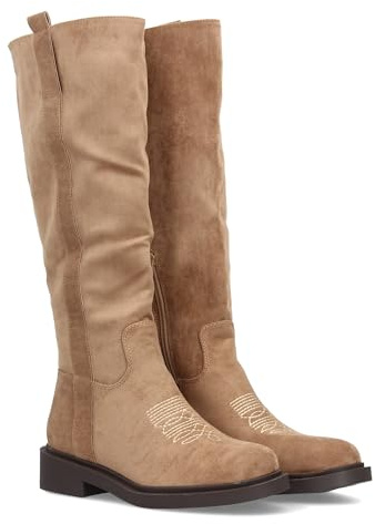 shoes&blues.es 97325 Bota Alta para Mujer Cowboy con Detalle de Bordado Frontal, Paneles Elasticos y Suela Plana. Ideal Temporada Otono Invierno. Apricot Talla 38