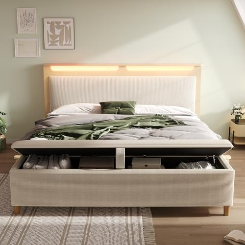 DACHETOU Holzbett Doppelbett 160 × 200cm mit Bettbank, Kopfteil mit Stauraum, Beigefarbener Cordpolster-Rückenlehne, Inklusive Bettbank mit Stauraum, Heller Eiche (Ohne Matratze)